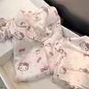 Pijama rosa de alta qualidade estilo coreano com estampa de gato, conjunto de duas peças com mangas compridas e calças compridas para primavera e outono, roupa casual para casa para meninas