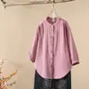 Elegante Cárdigan de Gasa de Algodón Doble Capa con Cuello Alto, Camisa de Manga Media para Mujer, Simple Holgada Casual para el Trabajo, Top 9688