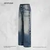 Calça jeans punk retro com degradê para homens, moda de rua, desgastada, amassada, lavada, perna reta solta, longa