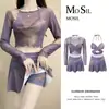 Biquíni Traje de Banho Feminino Roxo Sonhador Manga Longa Saia Dividida Três Peças Traje de Banho Férias Fonte Termal Traje de Banho de Pura Luxúria