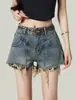 Shorts Jeans Rasgado Estilo Americano para Mulheres, Novo Modelo Verão 2026, Cintura Alta Desfiado Linha A Wide-Leg Hot Pants Tendência