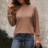 Amazon Comercio Exterior Europeo y Americano Camiseta de Punto Sencilla para Mujer, Manga Larga Abullonada con Rayas de Canalé