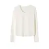Top de punto de cáñamo puro para mujer, cuello en V, manga larga, suave y ligero, no es sudadera, camisa base de color liso versátil y elegante