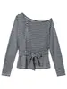 Blusa Camiseta de Manga Larga con Rayas Patchwork Bloques de Color sin Hombros Nanxia para Mujer, Nuevo Top Casual de Verano sin Hombros