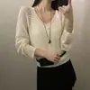 Cárdigan de punto casual estilo coreano con diseño calado para mujer, nuevo diseño de principios de otoño, chaqueta de manga larga combinada con un top tipo chaleco, conjunto de dos piezas