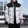 Abrigo de invierno nuevo, grueso y cálido, acolchado de algodón, para hombre, holgado, con estampado de letras, cuello alto, acolchado de algodón