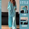 Conjunto de pijama de seda de alta qualidade estilo francês para mulheres, verde outono, decote V, cordão, folgado, manga longa, calça longa, conjunto de roupa de casa