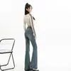 Jeans Flare Azul Vintage de Corte Justo para Mulheres, Novo Design de Outono, Cintura Alta, Emagrecedor, Lavagem Desgastada, Calças Flare