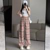 150 Pantalones Casuales de Cuadros Estrechos para Mujer Primavera y Otoño Pera Cortos Sueltos Rectos Pierna Ancha 145 Pantalones