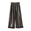 Calça Casual de Couro PU com Babados de Cintura Alta para Mulheres, Novo Estilo Primavera 2026, Cintura Elástica, Emagrecedor, Versátil, Calça Cropped