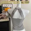 Top de tirantes de algodón acanalado transpirable con encaje sin espalda para principios de primavera con copas incorporadas, camisola ajustada
