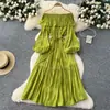 Estilo Francês Estilo Suave Senso de Design Ombro a Ombro Costura Franzida Manga Lanterna Cintura Apertada Emagrecedor Elegante Vestido Drapeado