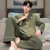 Pijama Masculino 100% Algodão Primavera e Outono Novo Estilo Manga Longa Calça Longa Cardigã Gola Lapela Moda Estilo Coreano Roupa de Casa Roupa de Fora