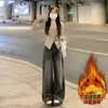 Jeans Vintage de Perna Larga com Forro de Fleece para Mulheres com Corpo em Pera, Plus Size, Cintura Alta, Emagrecimento, Calças Retas Largas de Comprimento Total