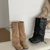 2026 Hebilla Original Botas de Pantalón para Mujer, Nuevo Otoño/Invierno Piel de Vaca Tacón Grueso Botas de Caballero Plegadas Vintage, Negro
