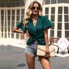 Amazon Estación Independiente Transfronteriza Nuevo Verano Europeo Americano Retro Temperamento Camisa de Manga Corta Moda para Mujer Verde