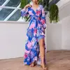 Vestido de Moda Otoño 2025 Nuevo Estilo Europeo y Americano con Estampado, Cuello en V, Cintura Alta, Falda Larga Estilo Vacaciones para Mujer