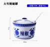 Conjunto de Garrafa de Vinagre e Pote de Pimenta de Porcelana Azul e Branca, Garrafa de Cerâmica Doméstica para Molho de Soja e Vinagre, Pote de Condimento Comercial, Pote de Sal para Cozinha