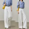 Pantalones Anchos de Lino Estilo Nuevo Similar al Mezclilla para Mujer, Pantalones Largos Casuales Sueltos de Cintura Alta para Otoño, Pantalones Rectos Azules con Caída