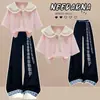 Verão 2026 Novo Doce Estilo College Gola de Marinheiro Manga Curta Camiseta Patchwork Xadrez Casual Calça de Perna Larga Conjunto de Duas Peças