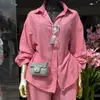 Roupas Femininas Europeias e Americanas 2025 Novo Outono Doce e Fresco Camisa de Manga Longa com Lapela Listrada Calça Reta de Cintura Alta Conjunto de Duas Peças