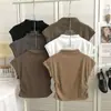 Camiseta Popular de Internet Estilo Puro Deseo Cuello Medio Manga Corta para Mujer Verano 2024 Nuevo Estilo Americano Retro Versátil que Reduce la Edad Top Estilo Occidental
