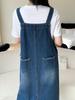 Foto Real, Solta, Casual, Versátil Saia Jeans com Suspensório, Vestido Longo Slim para Mulheres