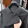 Camiseta de tricô de manga comprida 100% algodão com gola de gaivota e estampa de abacaxi, nova camiseta polo casual de lapela para homens, primavera e outono