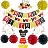 Set de Cumpleaños para Niños Bebé Rojo Negro Amarillo Bola de Nido de Abeja de Papel Bola de Flor de Papel Letras Mickey Bandera Suministros para Decoración de Fiesta