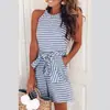 Nuevo Estilo de Moda para Comercio Exterior Independiente: Mono de moda con cinturón, Pantalones casuales a rayas sin hombros con cuello redondo y cierre de cremallera, Nuevo estilo de verano