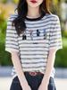 Verano Tencel Lyocell Tejido Manga Corta Mujer Cuello Redondo Rayado Bordado Holgado Media Manga Camiseta Capa Base