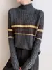 Suéter de Tricô Listrado Espesso de Inverno para Mulheres, Veludo Andy Estilo Coreano Solto e Preguiçoso Versátil Suéter Básico de Gola Alta