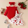 Amazon Outono e Inverno Vestido de Bebê Menina Terno Manga Longa Vermelho Chapéus Triângulo Boneca Urso Vestido de Alça Faixa de Cabelo