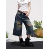 Pantalones vaqueros cropped rotos estilo retro americano para hombre y mujer, nuevo estilo de verano, versátiles, holgados, adelgazantes, de pierna ancha, pantalones de aspecto vintage