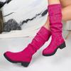 Nuevas Botas Altas de Ante Estilo Británico Otoño 2025 Talla Grande Adelgazantes Plisadas Punta Redonda Botas de Montar Transfronterizas para Mujer