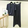 Conjunto de moda de verano para exteriores: camiseta modal con cuello en V y manga tres cuartos con cordón y falda larga de cintura alta, transfronterizo Amazon