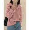 Suéter Gola Lapela Design de Veludo de Guaxinim Manga Raglã Feminino Outono e Inverno Popular Novo Estilo Preguiçoso e Gentil Tricô Grosso Cor Damasco