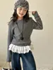 Suéter Feminino Peixinho Vermelho Outono/Inverno 2026 Novo Top Patchwork de Renda Infantil Roupa Pai e Filho Estilo Coreano Camisa Básica