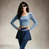 Conjunto de Yoga Fitness Feminino Tecido de Secagem Rápida com Bojos Manga Longa Gola Quadrada Cintura Alta Saia-Calça Color Block Anti-Exposição Outono