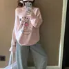 Moletom Fino com Estampa Jovem Estilo Ins da Moda para Mulheres, Versátil Fashionável Casual Solto Rosa Ombro a Ombro