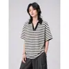 Directo del fabricante, polo negro a rayas de manga corta, camiseta de verano de marca americana retro de moda, top elegante con cuello camisero