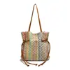 Bolsa Tecida Colorida em Forma de Diamante Estilo Étnico, Bolsa de Palha Tote com Fechamento de Cordão Retrô, Bolsa Grande Casual para o Dia a Dia