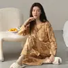 Pijama Feminino de Primavera e Outono 100% Algodão Manga Longa Calça Longa Cardigan com Lapela Doce Fofo Pode Ser Usado Fora de Casa Conjunto de Roupas