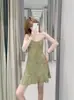 ZA Comercio Exterior Transfronterizo Vestido de Tirantes Verde Estampado con Cordones para Mujer Verano Falda de Línea A Adelgazante para Vacaciones