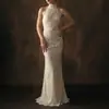 Vestido para Mujer, Vestido Blanco de Boda, Vestido Largo de Sirena con Cuello Halter de Encaje, Ropa para Citas, Espalda Descubierta, Corte Ajustado, Estilo Largo, Elegante