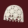 Gorro Tejido Hecho a Mano con Colgante de Perla Hueca para Mujer, Gorro de Punto Estilo Étnico, Gorro Holgado Vintage para Circunferencia Grande de la Cabeza