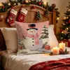 Nuevo conjunto rosa transfronterizo con funda de almohada con estampado de muñeco de nieve, cojín decorativo para fiesta de Navidad, cojín interior para sofá