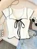 Top de Verão Estiloso para Meninas, Slim Fit, Manga Curta, Amarrar, Decote V, Laço, Versátil, Camiseta Fashion