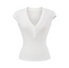 Temperamento Gentil Decote V Fino como Papel Botão Manga Curta Versátil Cintura Slim Sexy Justa Camiseta Top