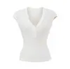 Temperamento Gentil Decote V Fino como Papel Botão Manga Curta Versátil Cintura Slim Sexy Justa Camiseta Top